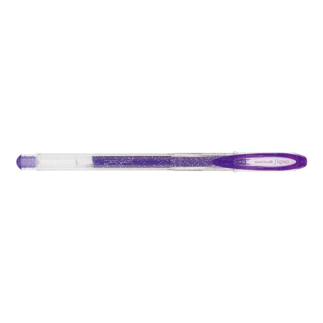Vibrant Uni-Ball Signo Sparkling 0.7mm Violet gel pen with capped design for precise, smooth writing and creative projects.