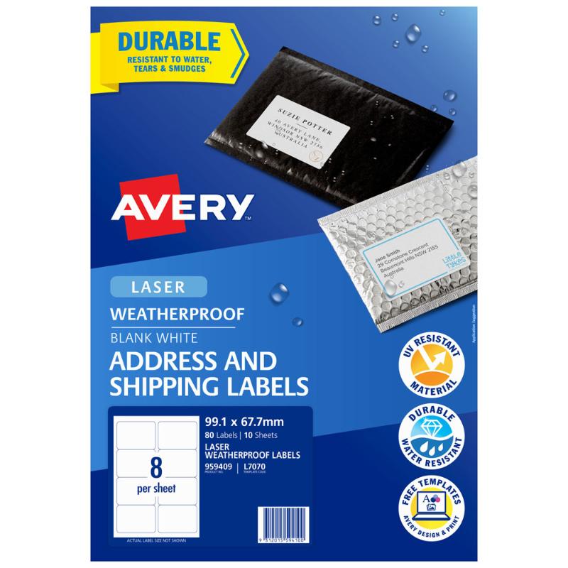 Avery Weatherproof Labels L7070, 8-up layout, durable, UV and water-resistant, ideal for outdoor labeling.