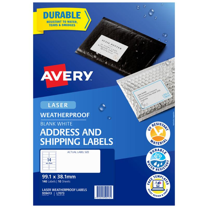 Avery Weatherproof Labels L7073, durable polyester, 99.1 x 38.1 mm, 14-up format, perfect for versatile labeling needs.