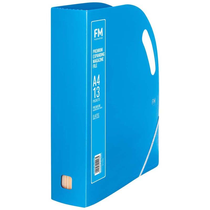 Ice Blue FM Prem Expanding Magazine File with 13 pockets and elastic band for expansion, ideal for organized workspaces.