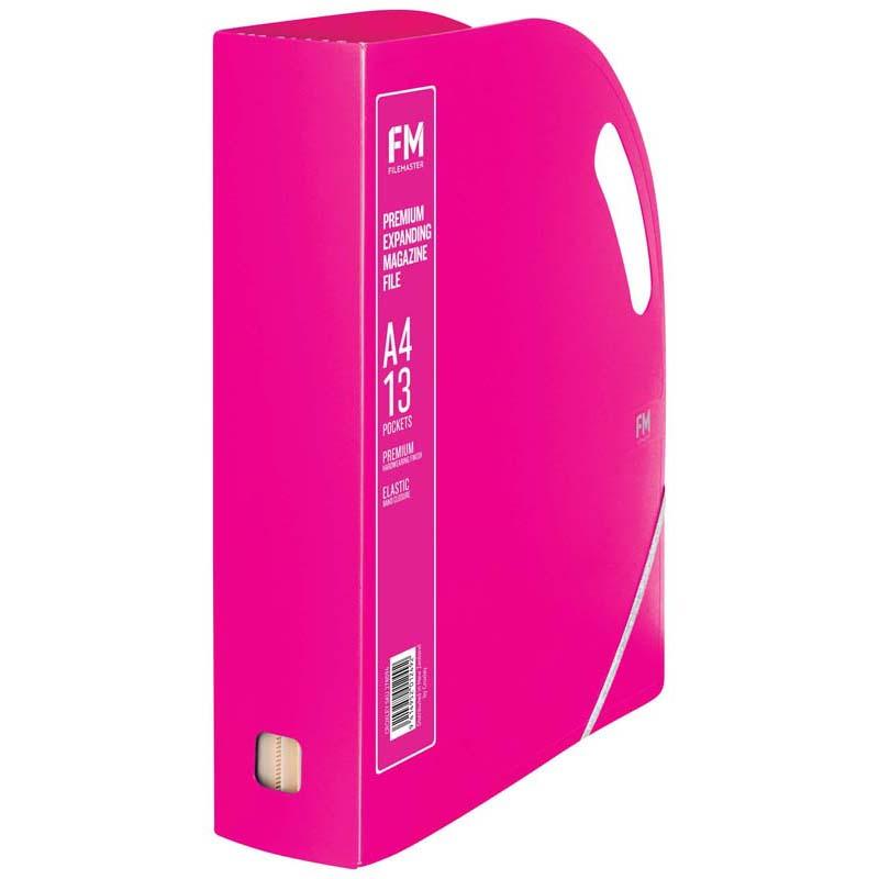 FM Premium Expanding Magazine File in Shocking Pink, featuring 13 pockets for organized document storage and easy transport.