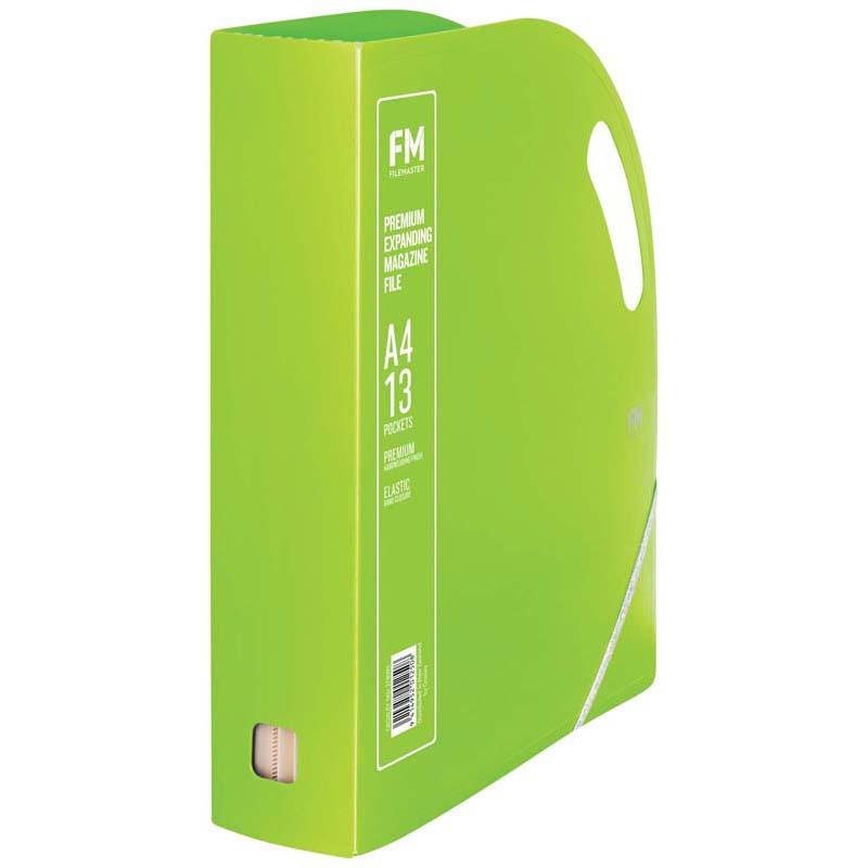 Lime Green FM Prem Expanding Magazine File with 13 pockets and ergonomic handles for efficient organization and transport.