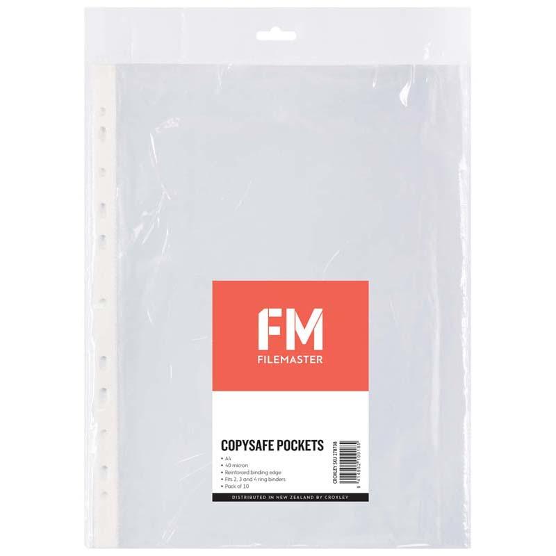 FM Pocket Copysafe A4 Hangsell 10 Pack, clear plastic pockets for document protection and organization, 40-micron durable material.