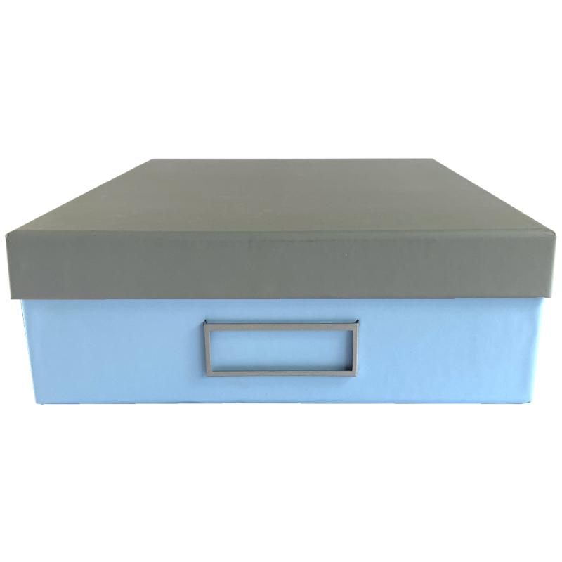 Ledah Pastels A4 Storage Box in blue with customizable nameplate and contrasting grey lid, perfect for organizing documents.
