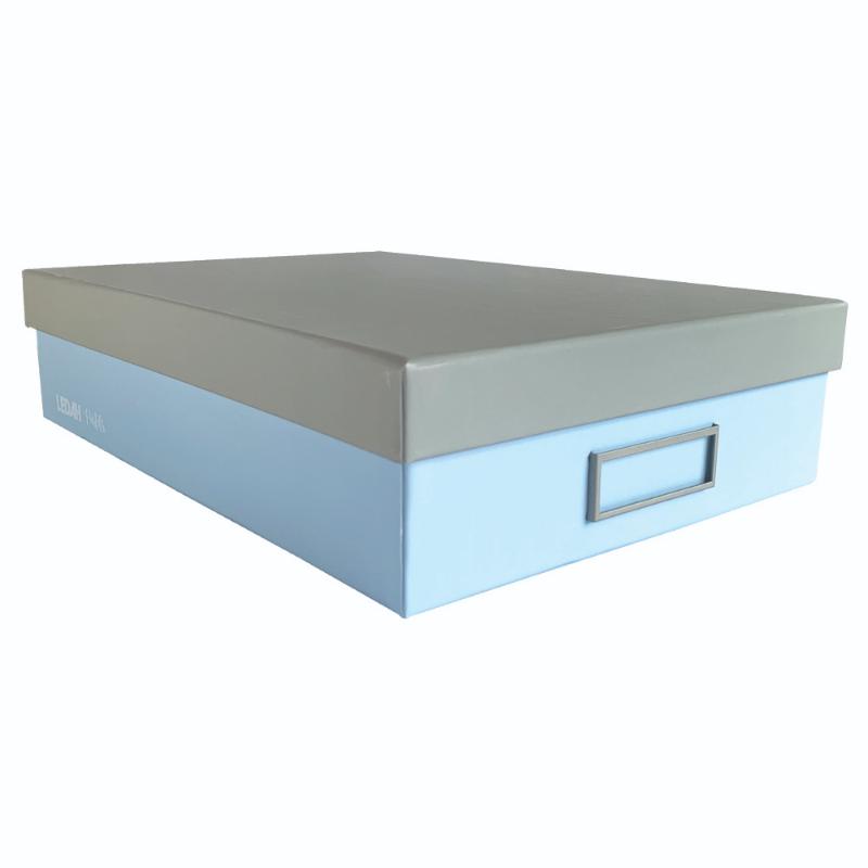 Ledah Pastels A4 Storage Box in blue, stylish paperboard design with customizable nameplate, perfect for organized workspace.