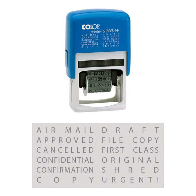 Colop S220/W self-inking stamp with 12 customizable phrases for efficient everyday use in black.