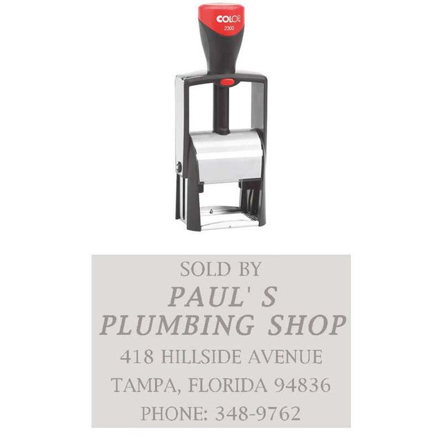 Colop 2300 Metal Frame stamp, 30x45mm, durable chromium-plated steel, ergonomic design for efficient office tasks.