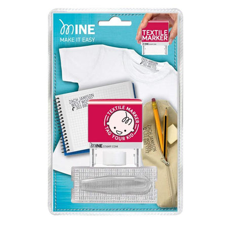 Colop Stamp Printer Mine Textile 20N/1 Set for custom textile stamping, personalizing up to 6 lines in crisp black ink.