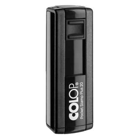 Compact Colop Pkt Stamp Plus 20 with black pad for crisp, clear impressions, ideal for organizing and personalizing projects.