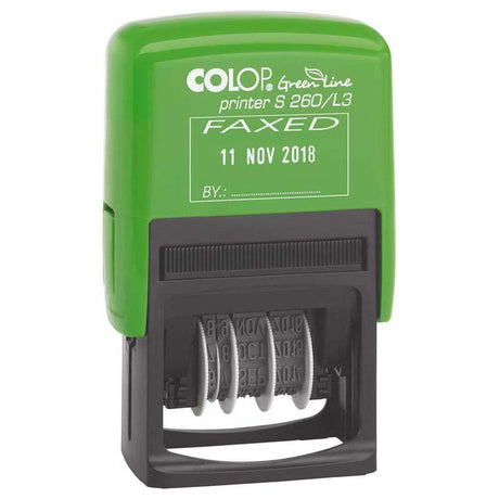Eco-friendly self-inking stamp for efficient date marking, compact design perfect for home or office use.