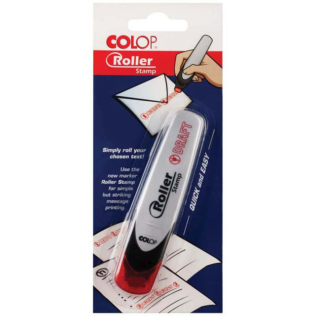 Colop Roller Stamp Draft, sleek black pre-inked stamp with continuous roll for clear 7.5mm text, ideal for organizing and labeling.