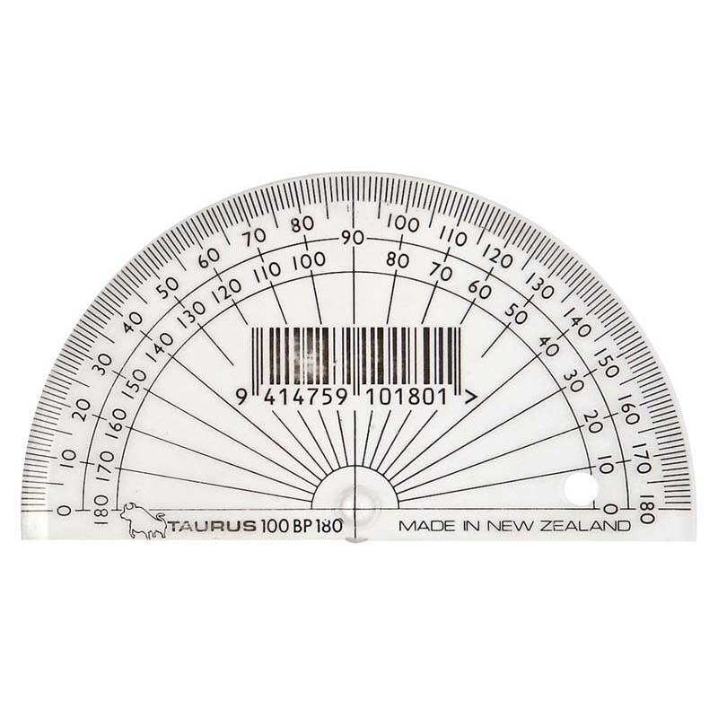 Taurus Protractor 10cm 180 for precise angle measurement, made from durable transparent plastic for visibility and convenience.