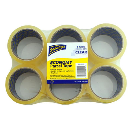 Clear Sellotape Parcel Tape 48mmx50m (6 pack) for secure shipping and storage, ideal for light to medium boxes.