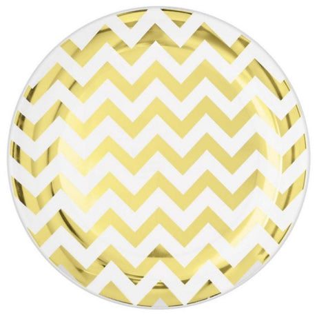 Premium 19cm round disposable plastic plates with gold chevron design, ideal for elegant gatherings, pack of 20.
