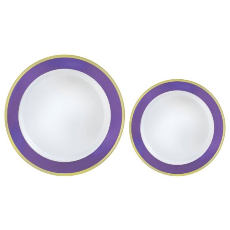 Pack of 20 premium plastic plates with elegant purple border, ideal for events and reusable.