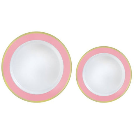 Set of 20 premium plastic plates with chic pink border, perfect for parties and everyday meals, reusable and stylish.