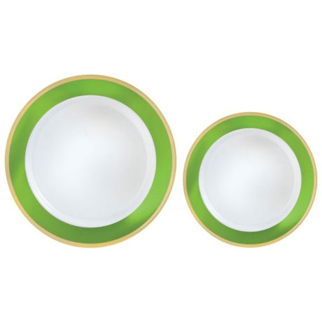Premium plastic plates with Kiwi Green border, pack of 20, includes 10 large and 10 small, reusable for elegant dining.