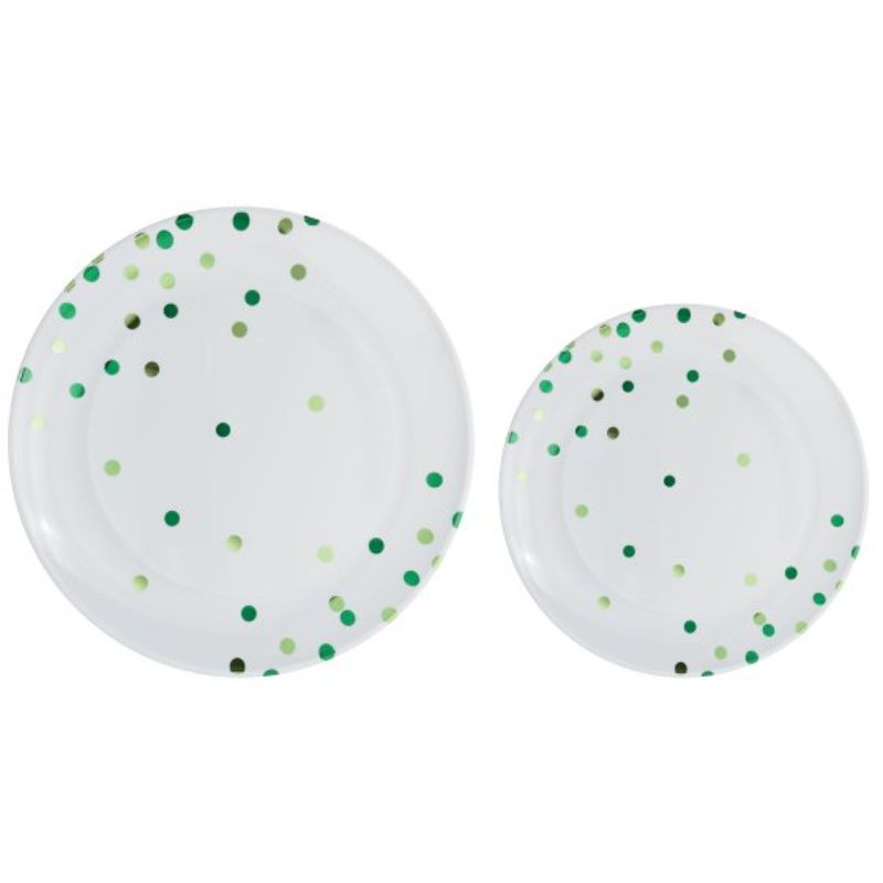 Pack of 20 premium plastic plates with festive green dots, 10 large and 10 small, perfect for stylish celebrations.