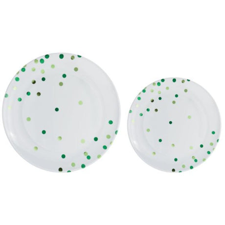 Pack of 20 premium plastic plates with festive green dots, 10 large and 10 small, perfect for stylish celebrations.