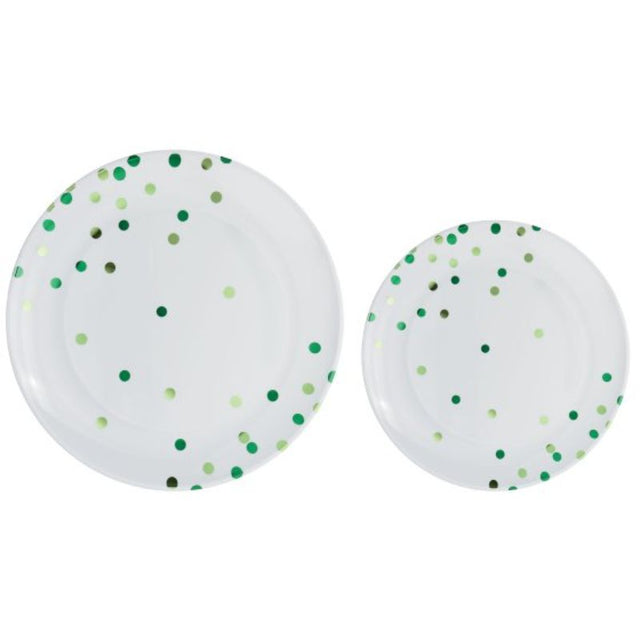 Pack of 20 premium plastic plates with festive green dots, 10 large and 10 small, perfect for stylish celebrations.