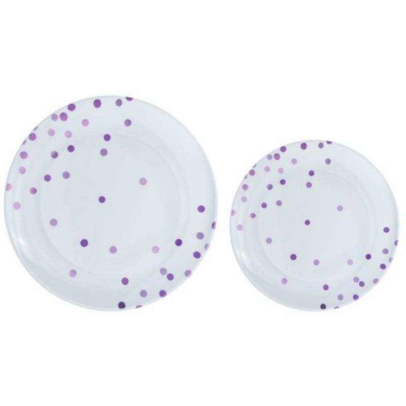 Premium plastic plates with playful purple dots, reusable, pack of 20 in 26cm and 19cm sizes, ideal for any occasion.