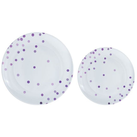 Premium plastic plates with playful purple dots, reusable, pack of 20 in 26cm and 19cm sizes, ideal for any occasion.
