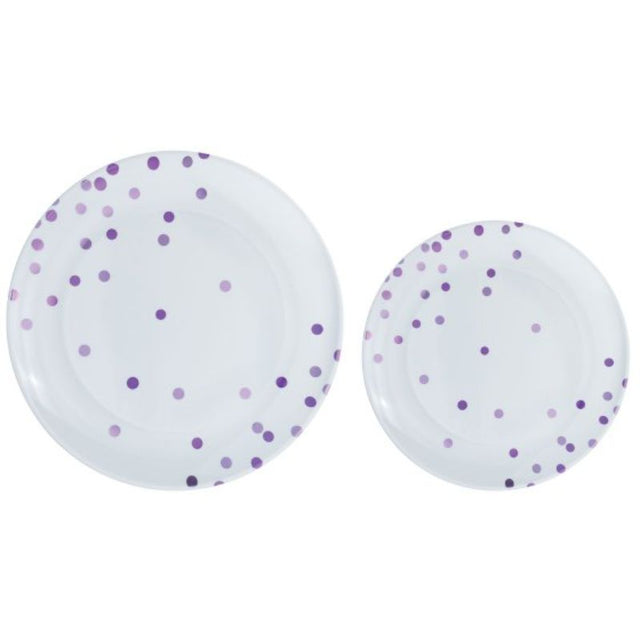 Premium plastic plates with playful purple dots, reusable, pack of 20 in 26cm and 19cm sizes, ideal for any occasion.