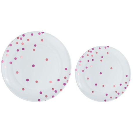 Premium pink dotted plastic plates in a pack of 20, ideal for stylish dining at parties and special occasions.
