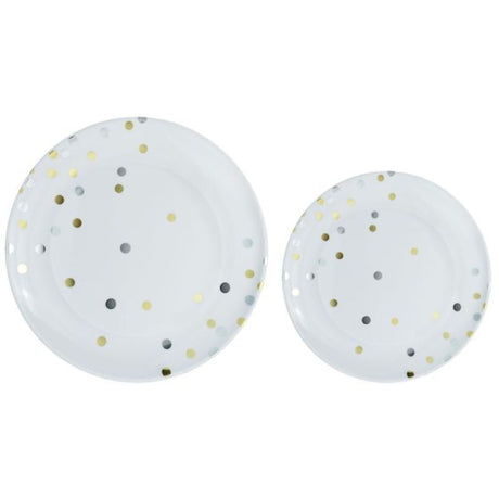 Elegant disposable plates with gold and silver dots, perfect for upscale events and reusable for convenient dining.
