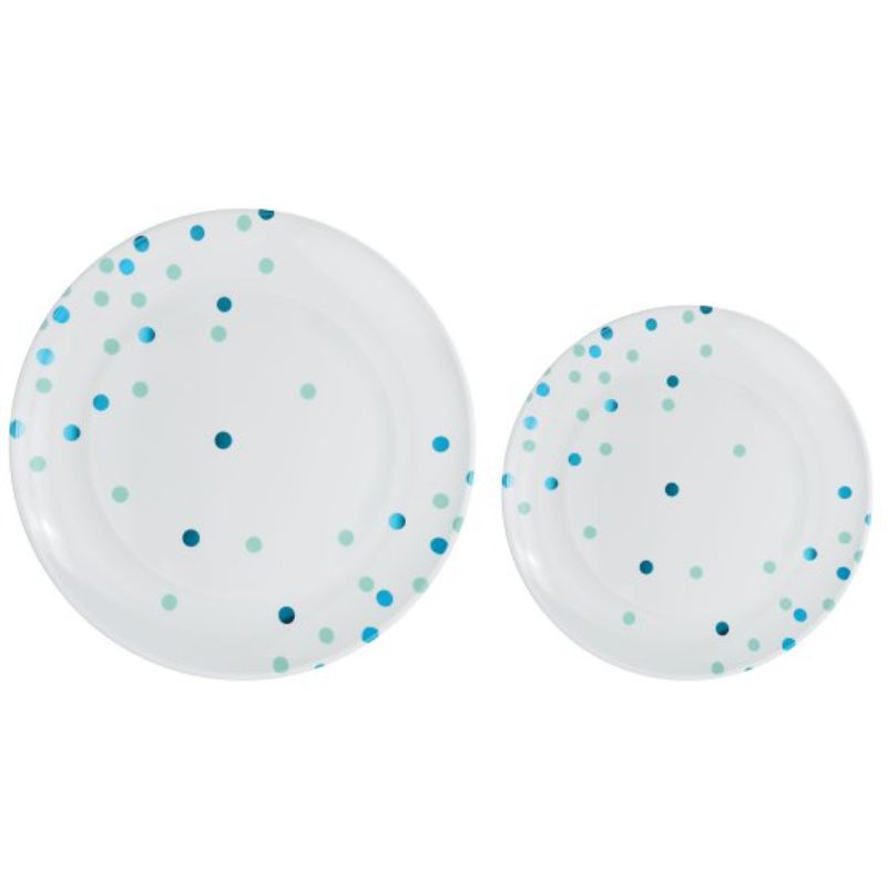 Pack of 20 premium plastic plates with Caribbean blue dots, includes 10 large and 10 small, perfect for stylish events.
