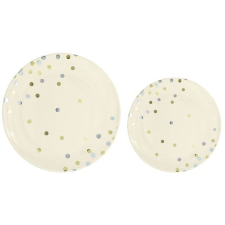 Pack of 20 elegant plastic plates in vanilla creme with dots, reusable and perfect for any celebration.