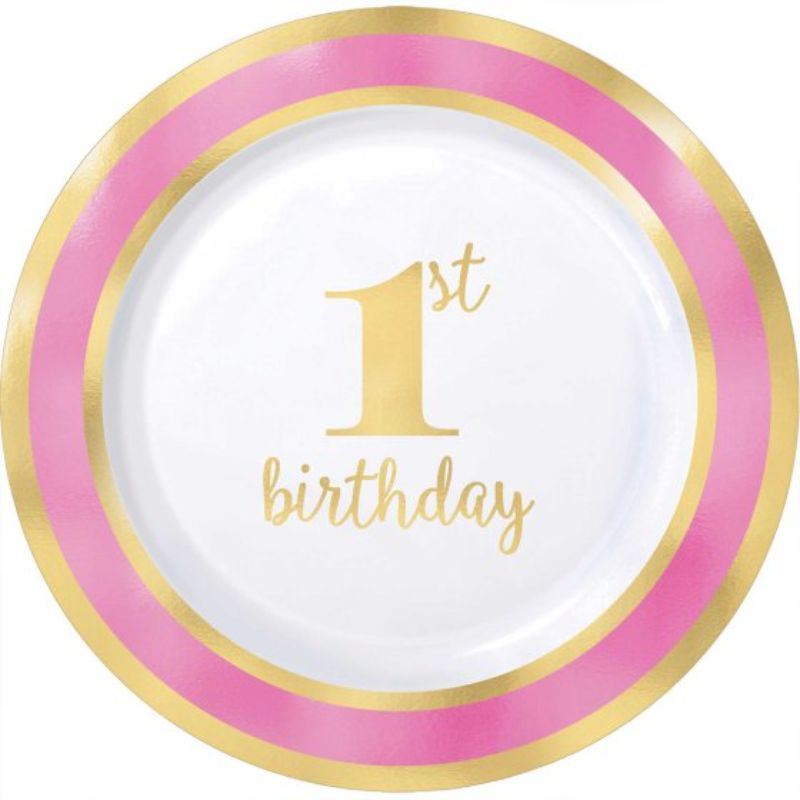 Set of 10 pink 19cm plastic plates with hot stamped design for 1st birthday celebrations, perfect for snacks and cake.