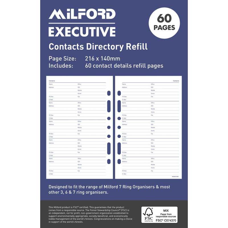 Milford Executive Contacts Refill: 60 durable pages for efficient contact management, fits standard organizers, FSC certified.