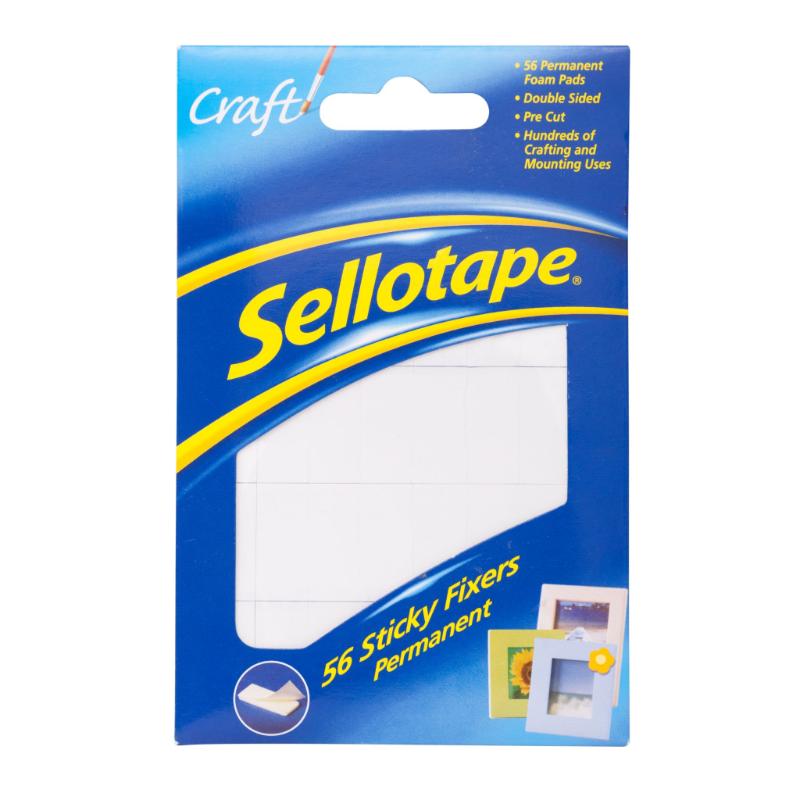 Sellotape Sticky Fixer Pads 12mmx25mm, pack of 56, strong double-sided adhesive for crafting and DIY projects.