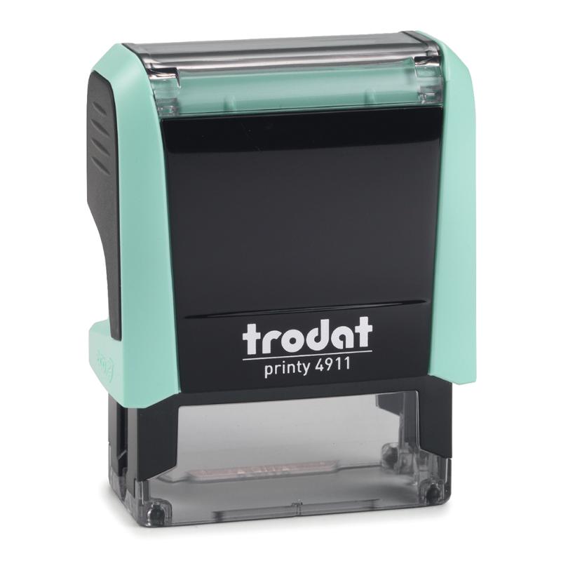 Self-inking Trodat Printy 4911 stamp in pastel green, ideal for custom stamping in home offices and crafts.