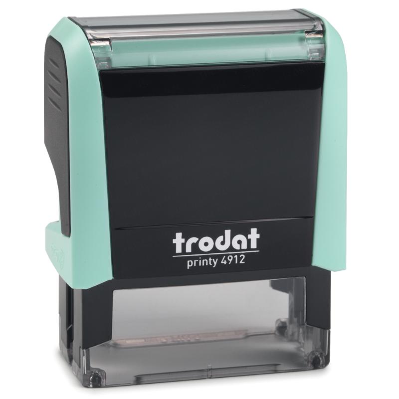 Pastel green Trodat Printy 4912 self-inking stamp, eco-friendly, ideal for creative stamping and smooth impressions.