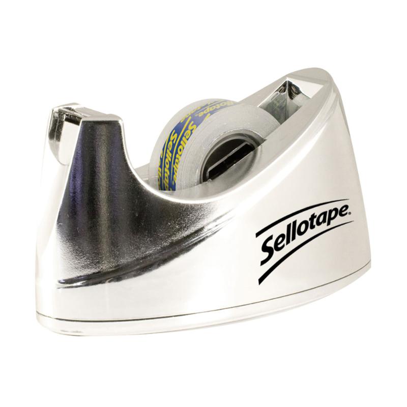 Stylish chrome tape dispenser with a stable base, ideal for easy, accessible tape application in home or office settings.