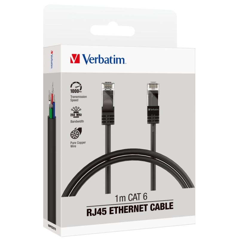 Verbatim Essentials 1m Ethernet Cable CAT 6 in black, offering 1000 Mbps speeds and durable PVC construction for stable connections.
