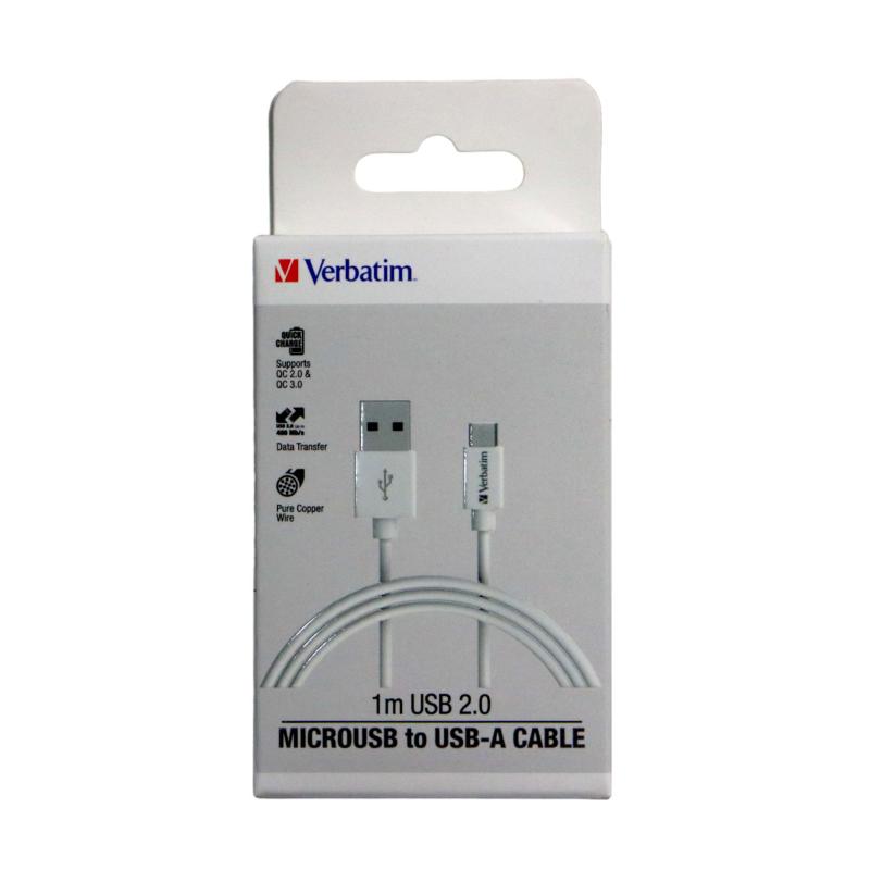 Verbatim Essentials 1m Micro USB cable in white for fast charging and syncing, with durable soft-touch rubber coating.
