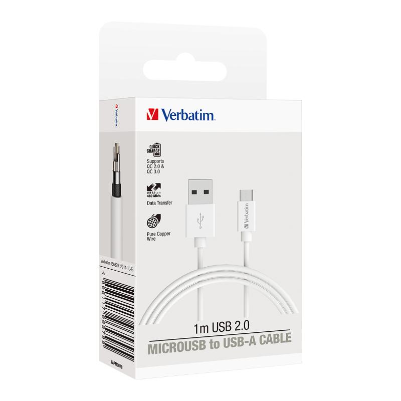 Verbatim Essentials 1m micro USB cable in white, ideal for fast charging and data transfer up to 3A and 480Mbps.
