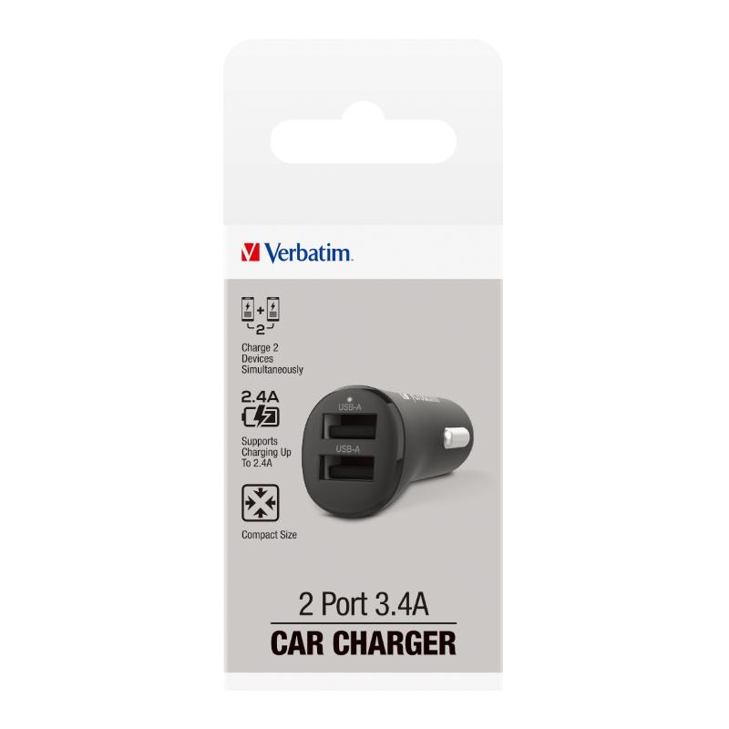 Verbatim Essentials Dual Port Car Charger 3.4A in black, fast charges two devices safely with robust protection features.