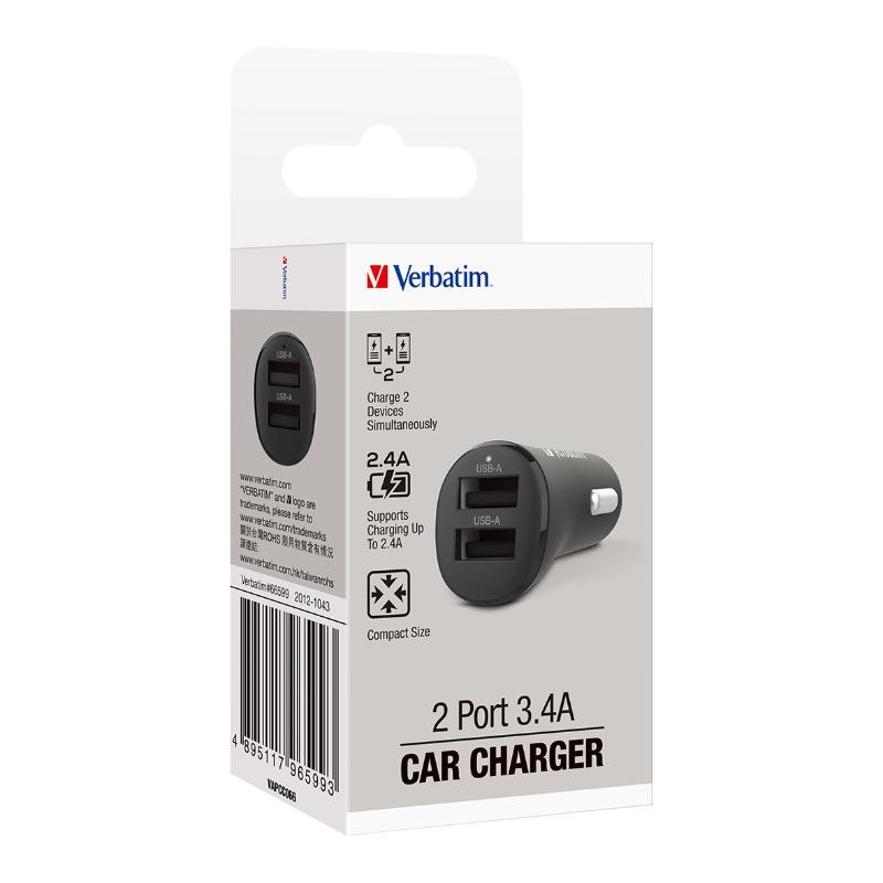 Verbatim Essentials Dual Port Car Charger in black, with 3.4A output and safety features for fast charging multiple devices.