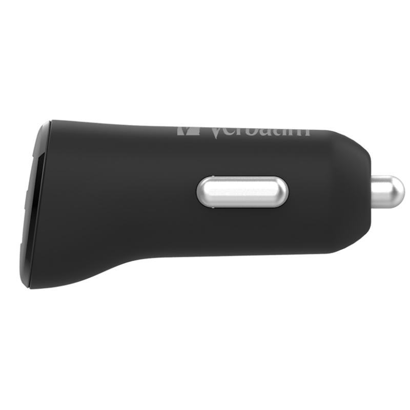 Verbatim Essentials Car Charger in black with dual USB A ports for fast 3.4A charging, featuring safety protections.