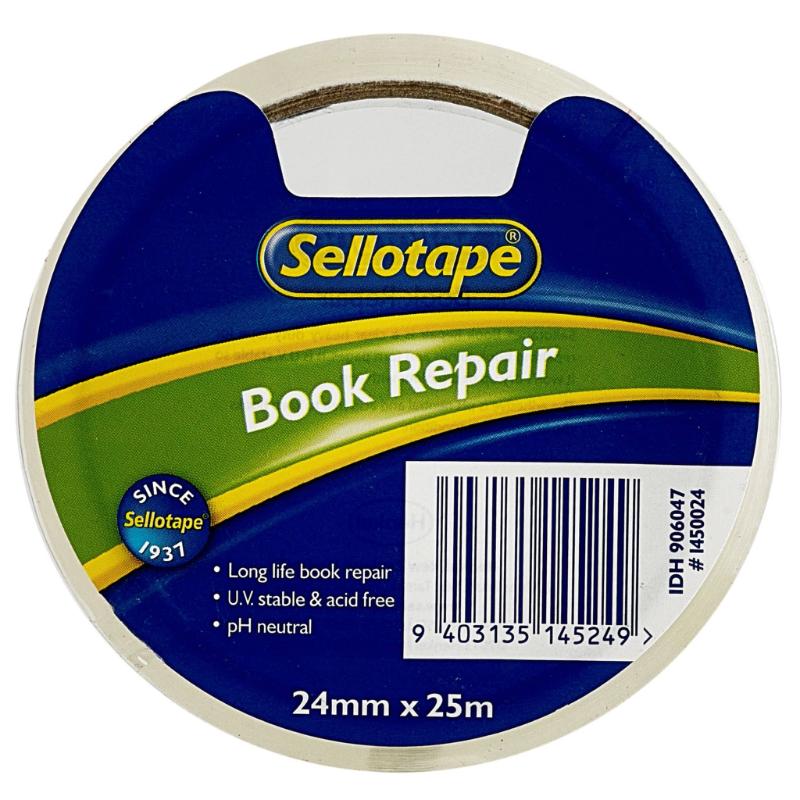 Sellotape 1450 Book Repair Tape, 24mmx25m, perfect for restoring and preserving books with durability and UV stability.