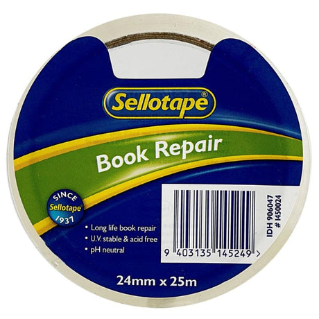 Sellotape 1450 Book Repair Tape, 24mmx25m, perfect for restoring and preserving books with durability and UV stability.