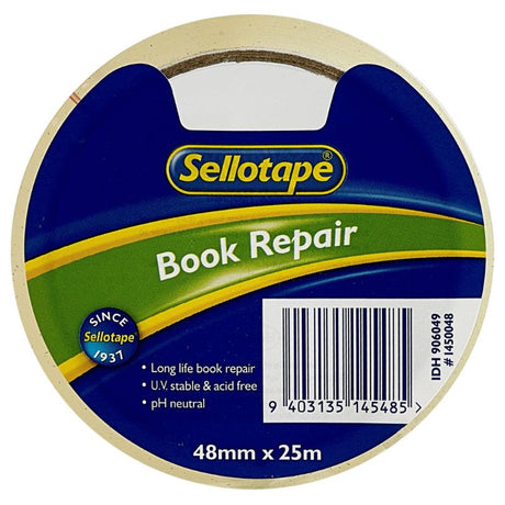Sellotape 1450 Book Repair Tape 48mmx25m, ideal for restoring and preserving books with durable, acid-free, and UV-resistant features.