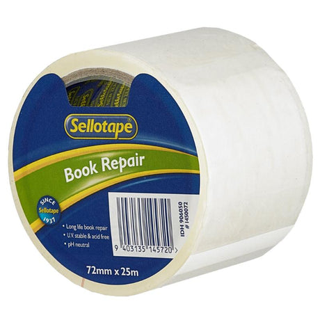 Durable, acid-free book repair tape, 72mm x 25m, perfect for preserving books and archival materials.