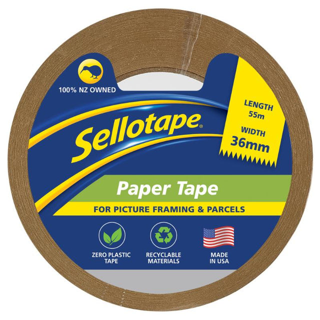 Sellotape 6270 Flatback Paper Tape in tan, 36mm wide and 55m long, ideal for packaging, crafting, and labeling projects.