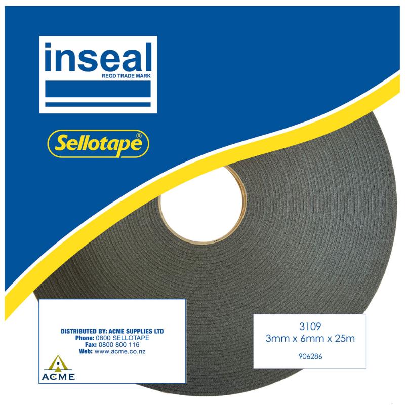 Inseal 3109 PKD sealing tape, 3mm thick, 6mm wide, 25m long, durable, moisture-resistant for various applications.