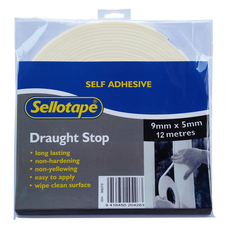Sellotape 5500 Draught Stop tape, 5mmx9mmx12m, effectively seals gaps for energy-efficient homes.